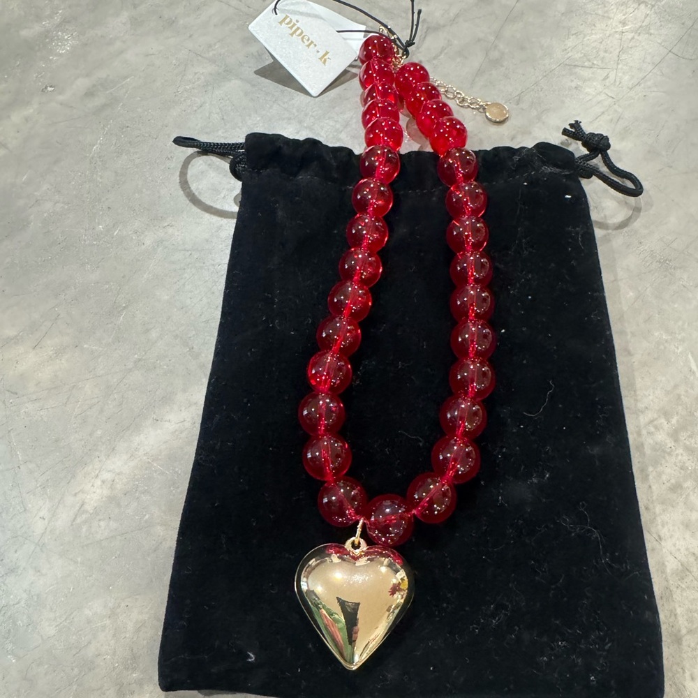 Piper Vibrant Red glass beaded Necklace w/Gold Heart Charm,comes in other colors